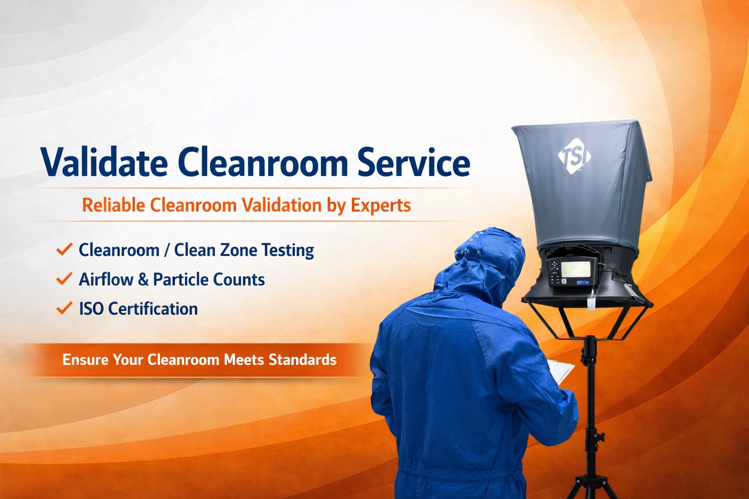 Technician in cleanroom suit validating cleanroom with TSI particle counter.